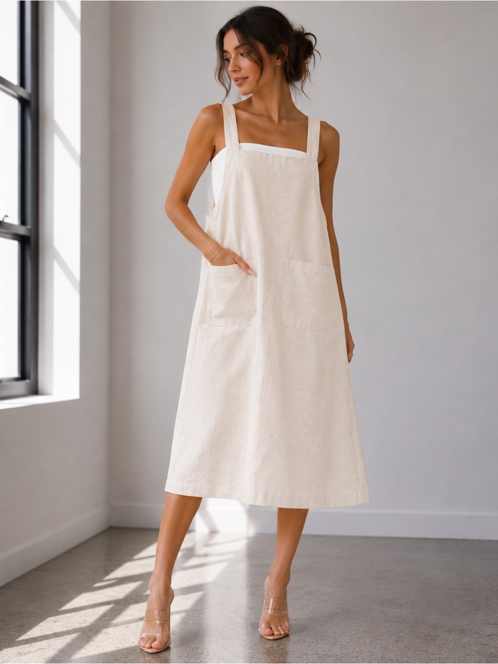 Classic Cream Midi Pinafore Dress